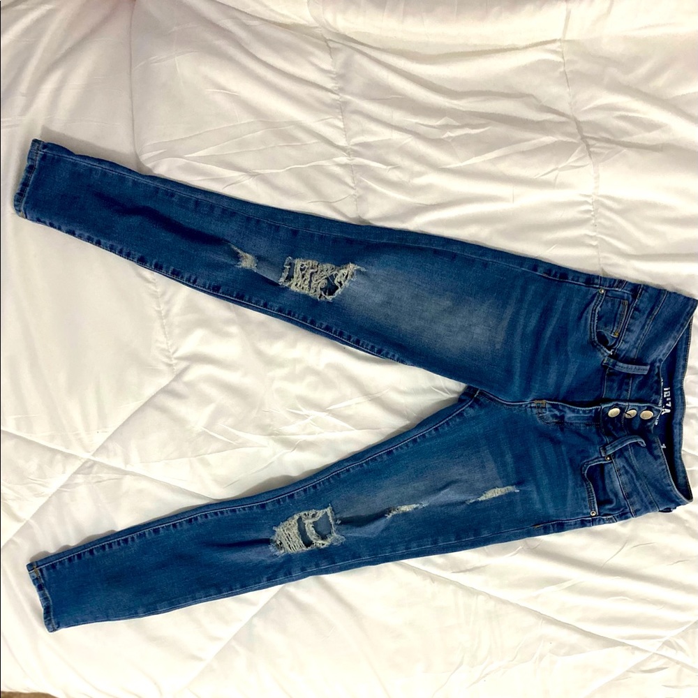 Skinny Ripped Dark Blue Jeans, High Waisted, 3 Buttons + Zipper